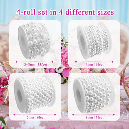 4 Rolls 76 Feet Pearls String Garland, Faux Pearl Beads Roll Strand for Crafts, Artificial Pearls Chain Trim for Wedding Party Flower Valentine Christmas Decoration, 4mm 6mm 8mm 8+3mm, Ivory