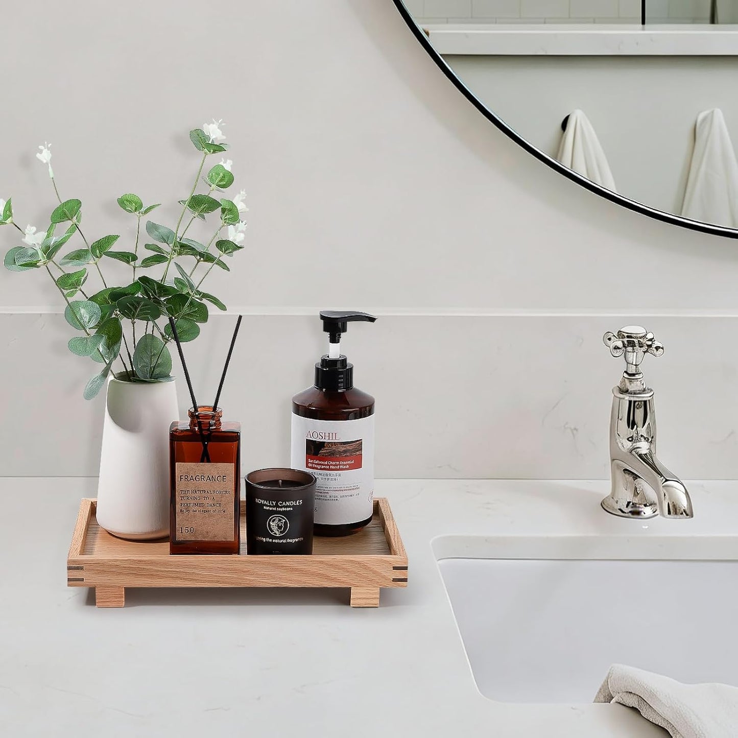 Decorative Tray Small Pedestal Stand Farmhouse Bathroom Decor Wooden Riser Display Stand for Vanity, Kitchen Countertop, Sink, 9.4 * 4.7 White