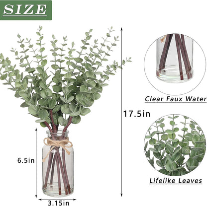 VIERENA 17.5" Artificial Eucalyptus Stems in Glass Vase with Faux Water,Fake Plant Eucalyptus Leaves White Seeds for Centerpiece Table Decorations Farmhouse Wedding Home Greenery Decor (Sage Green)