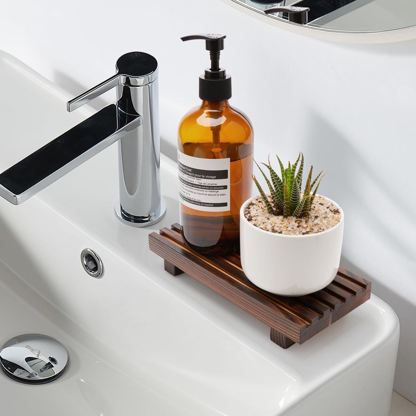 Renawe Farmhouse Bathroom Counter Tray Wood Display Pedesta Stand Kitchen Countertop Trays Decorative Wooden Riser Dish Soap Dispenser Holder for Bathroom Sink Accessories Kitchen Decor Vanity Tray