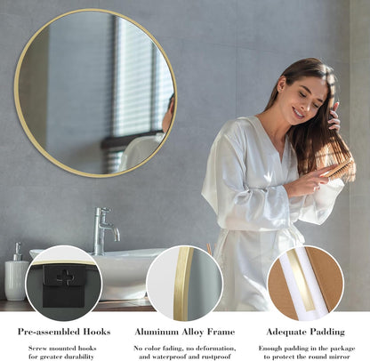 NEWBULIG 20IN Round Bathroom Wall Mirror, Modern Vanity Mirrors for Over Sink, HD Glass Decorative for Entryway, Bedroom & Living Room, Gold