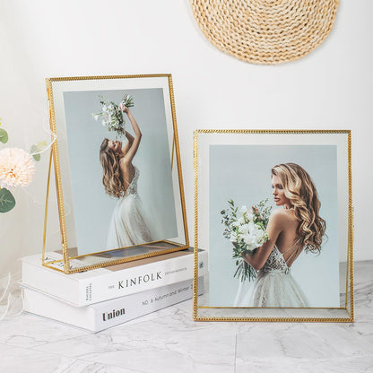 Gold Floating Picture Frame Set of 2, 10"x12" Glass Pressed Flower Picture Frames, Tabletop Standing Glass Floating Frame for 8x10 Photo Display