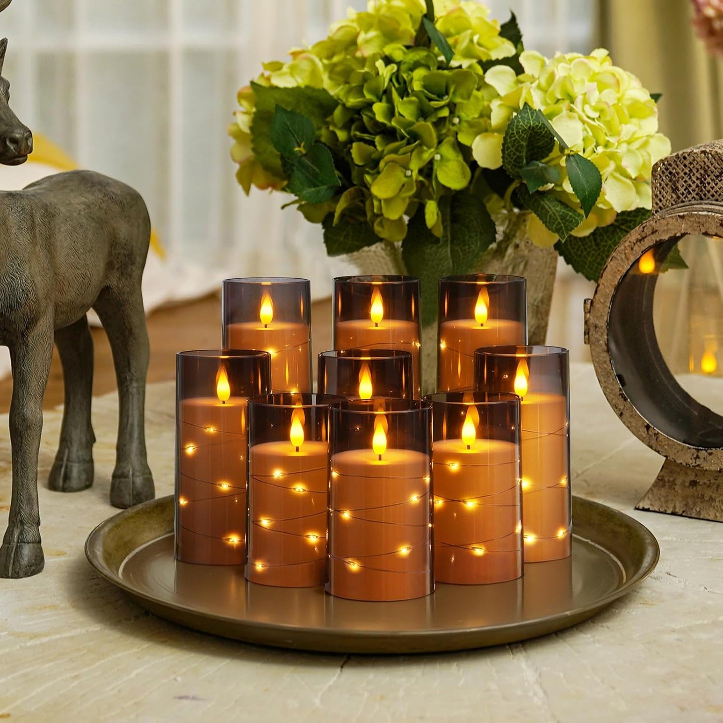 Homemory Flameless Candles with Embedded Star String Fairy Lights, Battery Operated Candles, LED Candle, Fake Candles with Remote Control and Timer for Halloween, Gray Acrylic, Set of 5(H4"5"6"8"8")