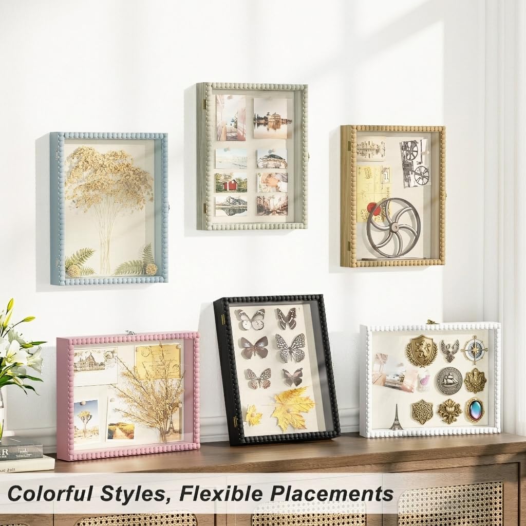 Love-KANKEI Shadow Box Frame 11x14, Deep Large Shadow Box Display Case with Unique Beads Door and Glass Window, Wood Memory Box for Pictures,Medals,Memorabilia,Collections White