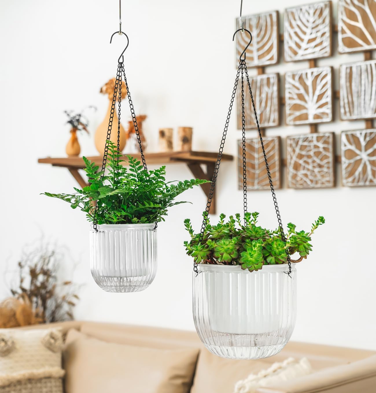 Melphoe 2 Pack Self Watering Hanging Planters Indoor Flower Pots, 6.5 Inch Outdoor Hanging Basket, Plant Hanger with 3Hooks Drainage Holes for Garden Home (Emerald)