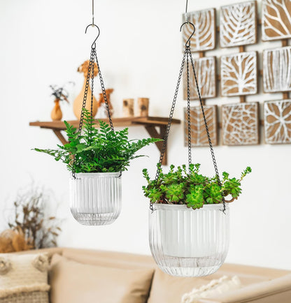 Melphoe 2 Pack Self Watering Hanging Planters Indoor Flower Pots, 6.5 Inch Outdoor Hanging Basket, Plant Hanger with 3Hooks Drainage Holes for Garden Home (Emerald)