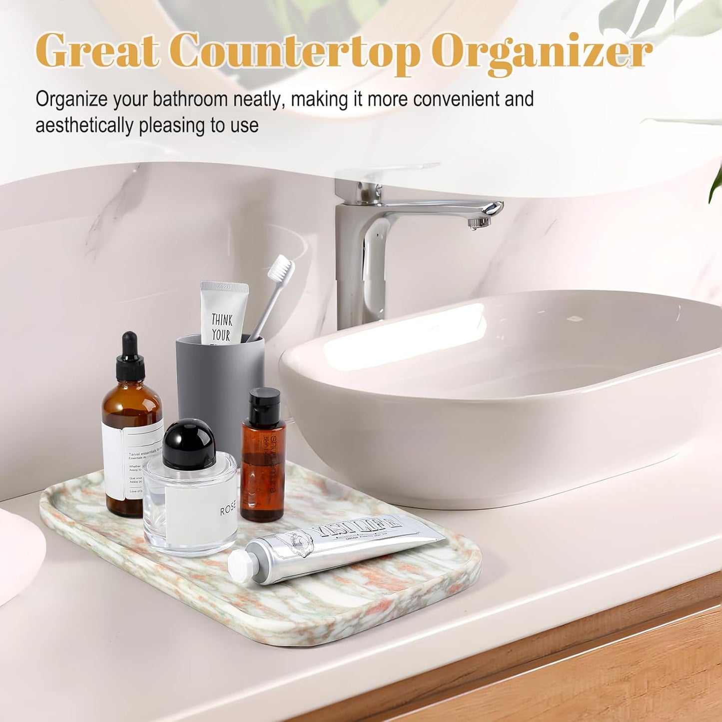 Koville Romano Travertine Tray, 12"x8" Natural Stone Vanity Tray for Countertop Bathroom Kitchen Dresser, Decorative Marble Catchall Trays for Perfume Jewelry, Rectangular Serving Tray(Beige)