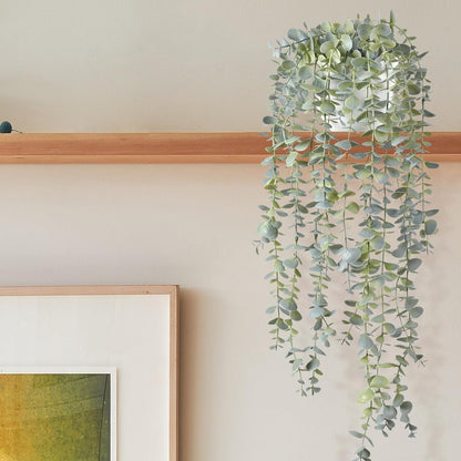 Decorative Hanging Plants for Shelf, Faux Ivy Eucalyptus Vine, Fake Greenery in White Bigger Pot (Light Green, 1PCS)