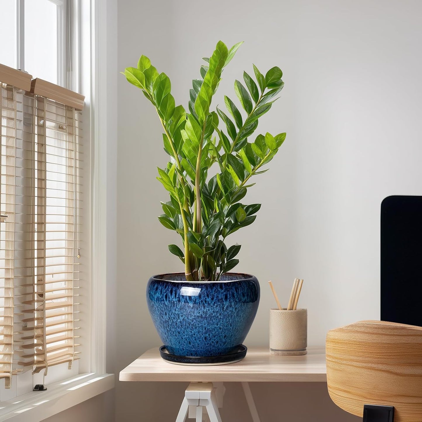 6 Inch Plant Pot - Ceramic Pots for Plants with Drainage Hole and Saucer, Round Succulent Planter Indoor Outdoor, Modern Flower Pot for Snake Plants, Home Decor, Gifts for Plant Lover, Blue