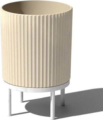 Veradek Demi Series Round Planter w/ Stand for Porch/Patio | Durable Plastic-Concrete & Wooden Stand | Modern Décor for Tall Plants, Flowers