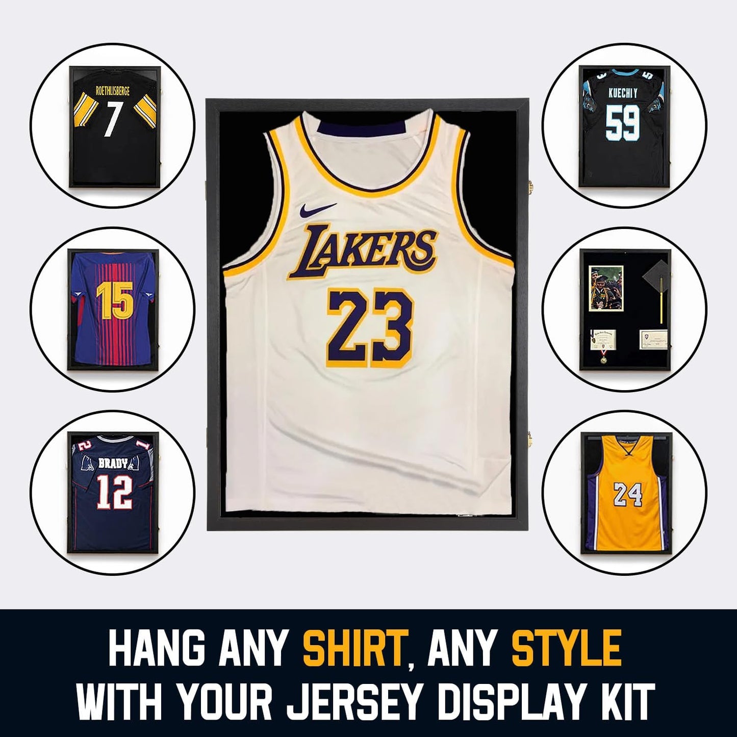 Jersey Wooden Frame Display Case -Shadow Box with 98% UV Protection Acrylic and Hanger for L or XL Baseball Basketball Football Hockey Sport Shirt and Uniform Gifts for Men (Black, 1 Pack)