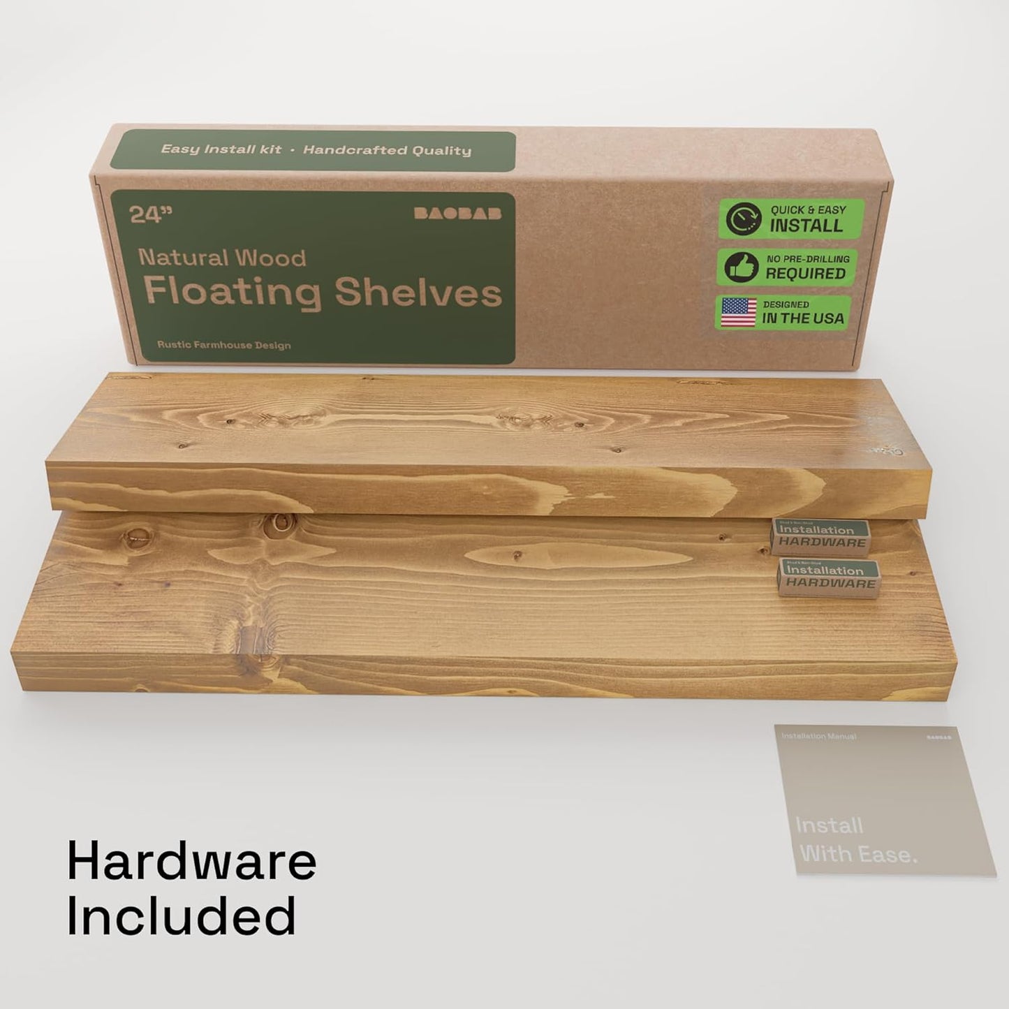 BAOBAB WORKSHOP Wood Floating Shelves for Wall Mounted, 16 inch Walnut Floating Shelf for Bathroom, Solid Wooden Wall Shelves for Kitchen Bedroom Farmhouse, Walnut Finish, 16 x 6.7, Set of 2