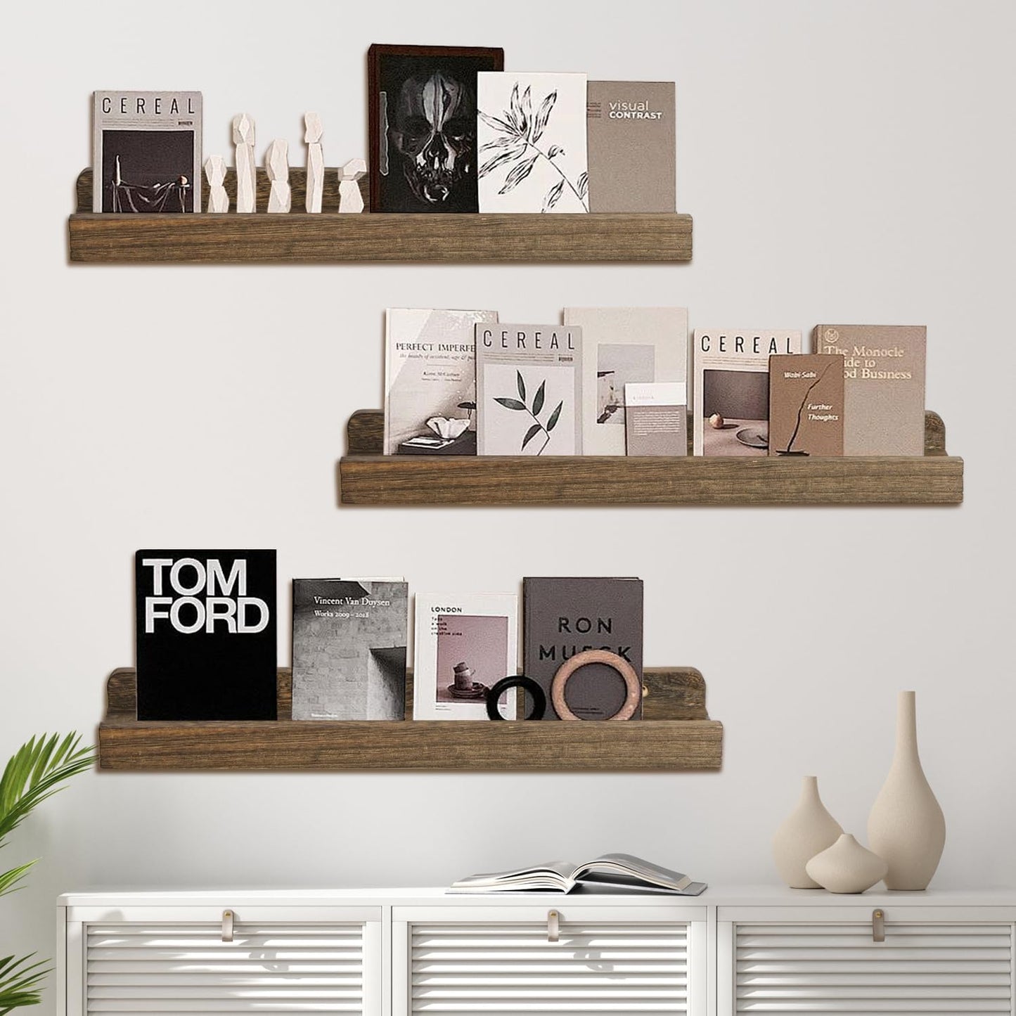 Floating Shelves Set of 3, 16.5 Inch Wood Picture Ledge Shelves for Wall Mounted Display in Bedroom, Living Room, Kitchen(Brown)