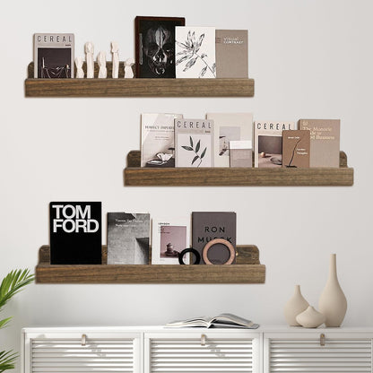Floating Shelves Set of 3, 16.5 Inch Wood Picture Ledge Shelves for Wall Mounted Display in Bedroom, Living Room, Kitchen(Brown)