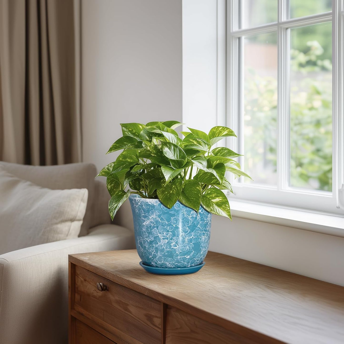 Ceramic Plant Pots - 12 Inch Pots for Plants Indoor Outdoor, Large Round Planter with Drainage Hole and Saucer, Modern Decorative Flower Pot, Home Garden Decor, House Warming Gifts, Blue