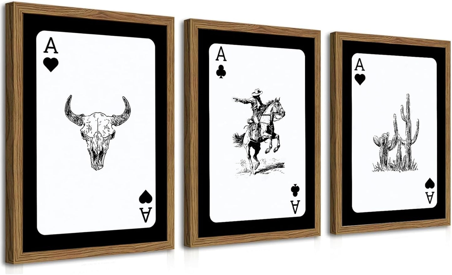 Western Wall Art Set of 3, Southwestern Cowboy Playing Card Wall Decor, Longhorn Bull Skull and How Lucky are We Poster Canvas Painting Prints for Bedroom Living Room 12x16 inch Wood Framed