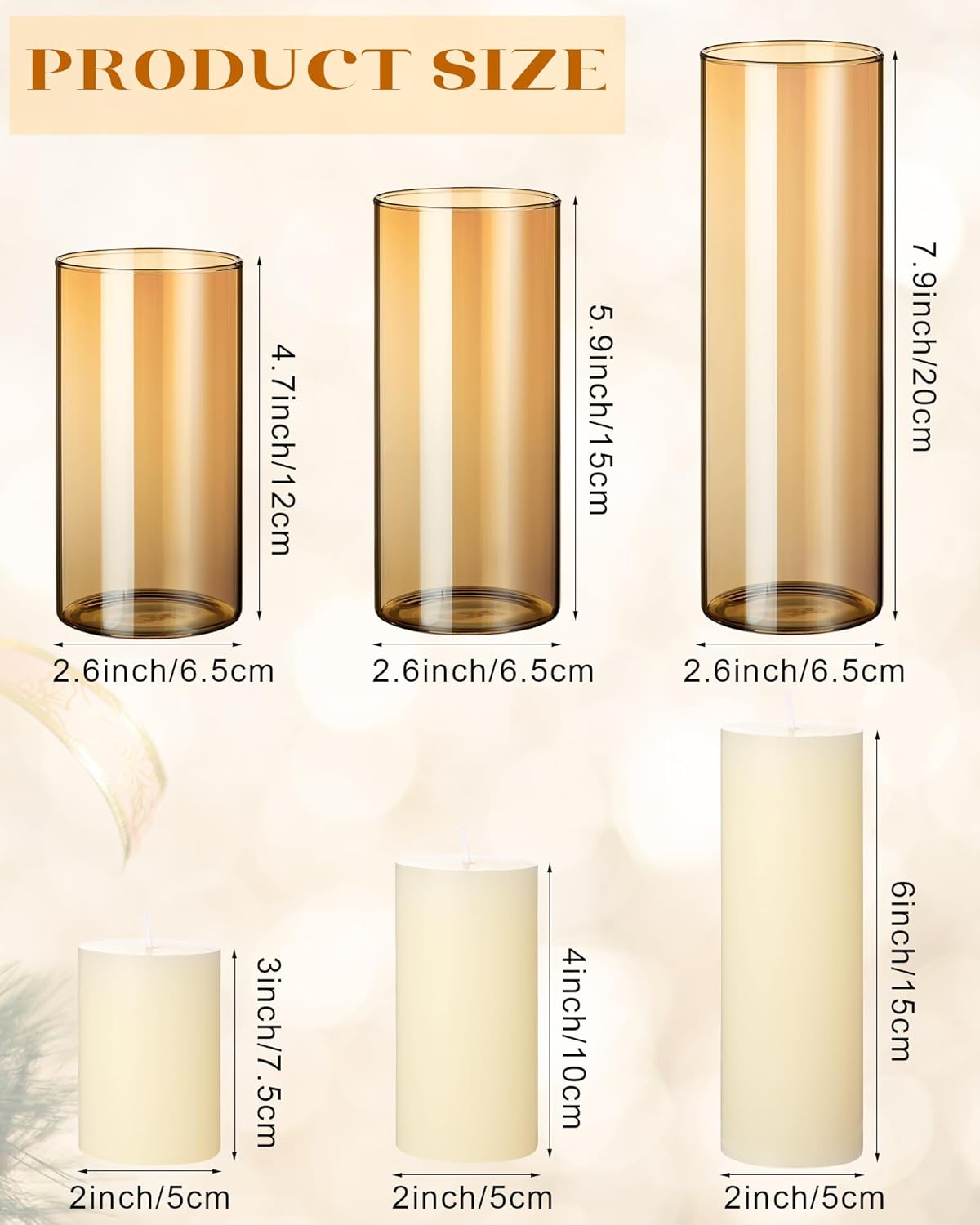 Shihanee 36 Pcs Pillar Candles and Glass Cylinder Vases Tall Cylinder Holders for Pillar Candles Wedding Centerpieces, Total 18 Sets(2.6'' X 4.7'', 5.9'', 7.9'',Clear,Ivory)