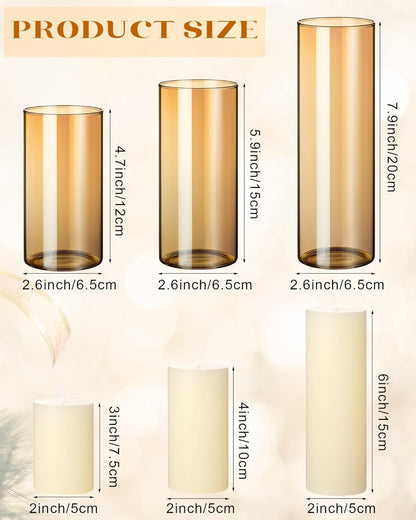Shihanee 36 Pcs Pillar Candles and Glass Cylinder Vases Tall Cylinder Holders for Pillar Candles Wedding Centerpieces, Total 18 Sets(2.6'' X 4.7'', 5.9'', 7.9'',Clear,Ivory)