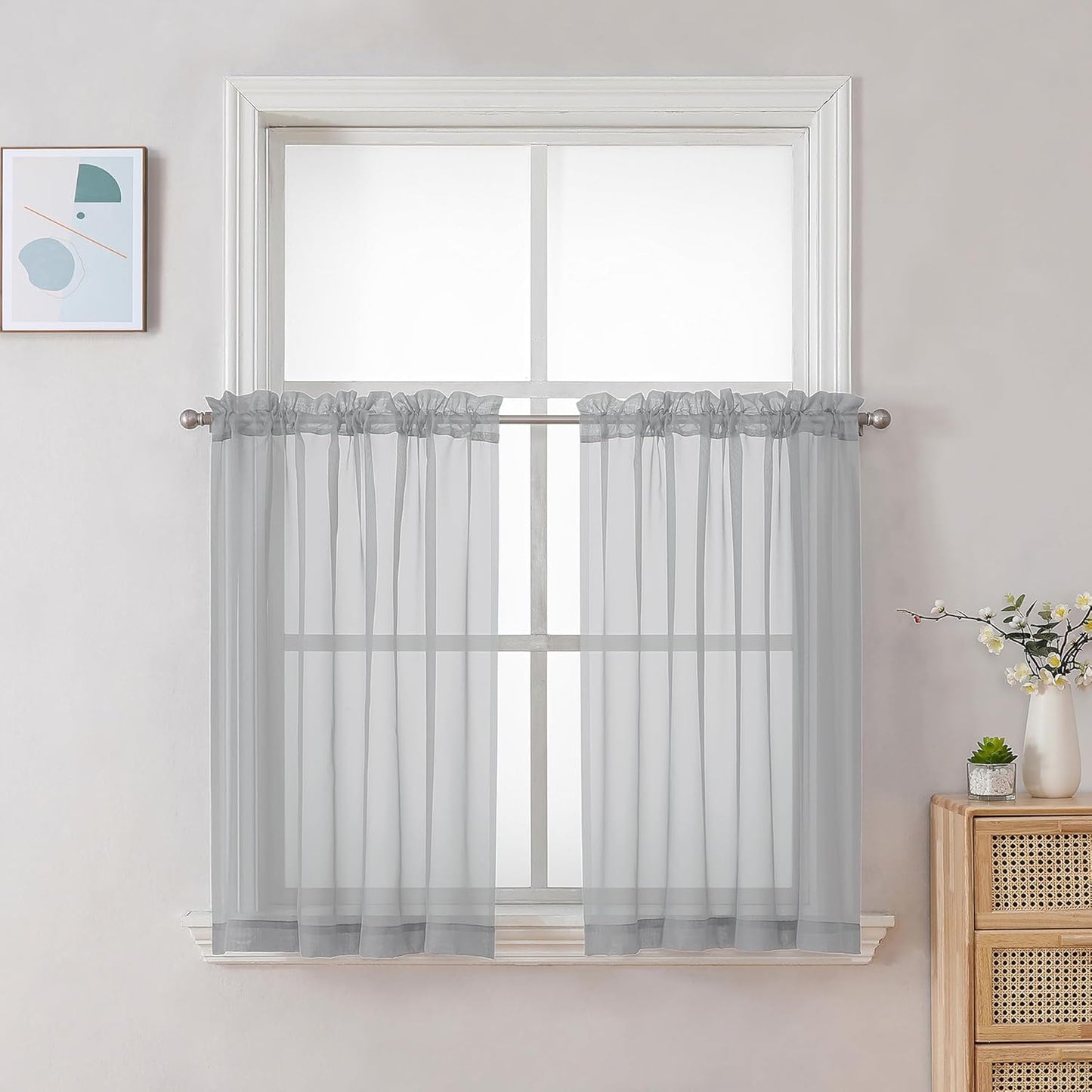 Chyhomenyc Sheer White Valances for Windows 2 Pack, Small Window Curtains for Living Room Bathroom Cafe Laundry Basement, Modern Top Dual Rod Pocket Voile Curtain, 42W x 14L inches, White - Colors B