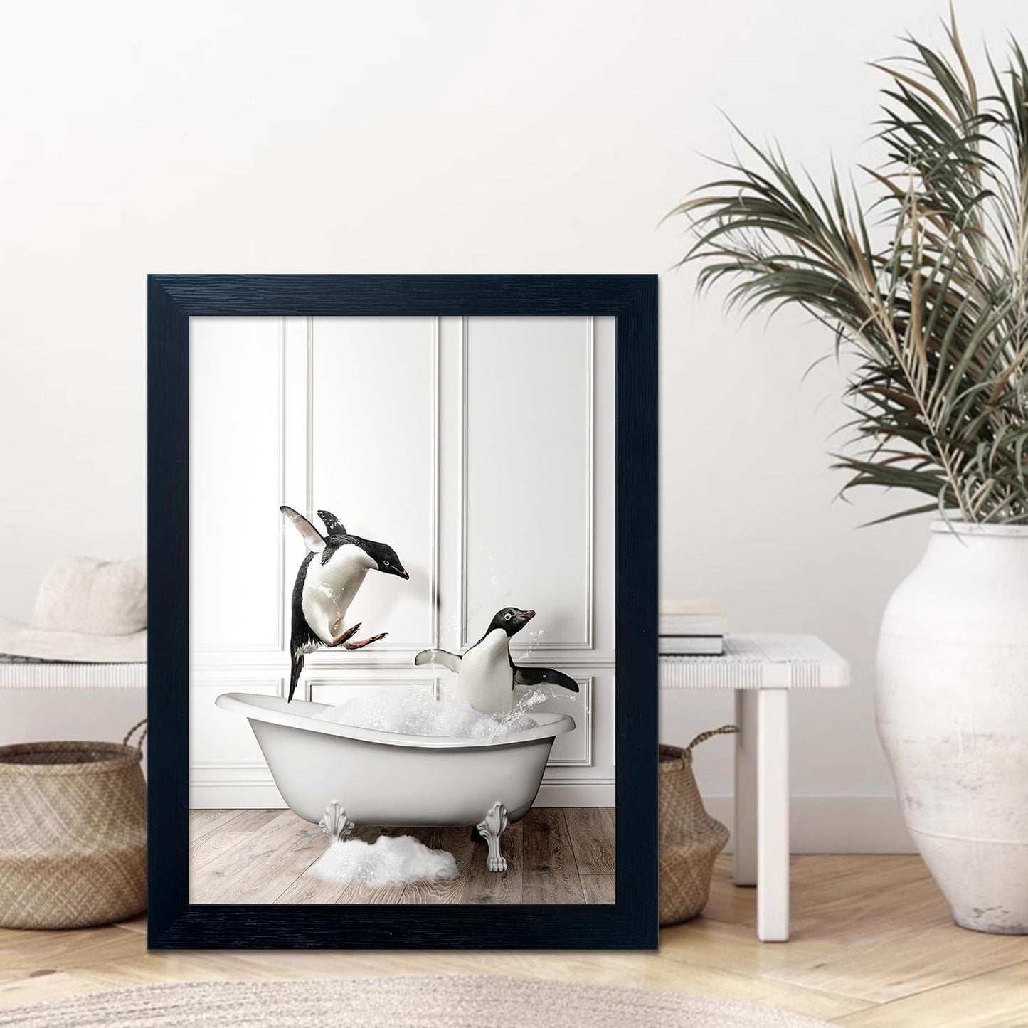 Bathroom Picture Wall Decor, Framed Black and White Bathroom Wall Art, Toilet Paper in Little Funny Raccoon's Hand Animal Canvas Print Painting