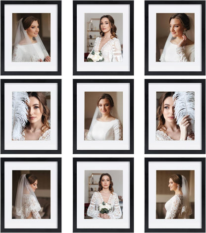 12x12 Picture Frame Set of 9, Display Pictures 8x8 with Mat or 12x12 without Mat, Multi Collage Gallery Square Photo Frames for Wall or Tabletop, Black