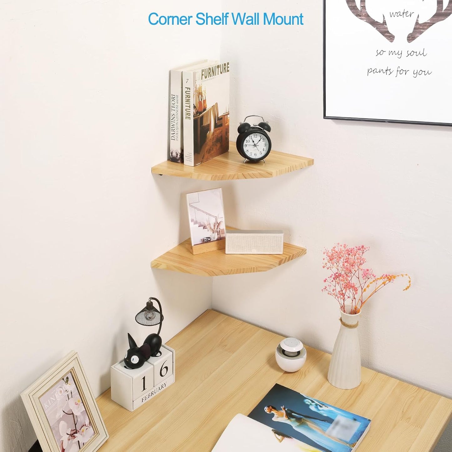 Joiishom Wood Corner Wall Shelves Set of 2, Solid Wood Corner Floating Shelves for Wall, Round End Wall Mounted Floating Corner Shelf for Bedroom, Living Room and Kitchen. (Brown-10 inch)