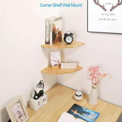 Joiishom Wood Corner Wall Shelves Set of 2, Solid Wood Corner Floating Shelves for Wall, Round End Wall Mounted Floating Corner Shelf for Bedroom, Living Room and Kitchen. (Brown-10 inch)