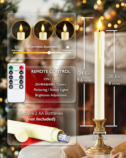 Homemory 6 Pcs Flameless Taper Candles with Remote, Timer, Dimmer, Ivory Battery Operated CandleSticks with Flickering Light, Plastic Led Window Candles, 9.6 Inches for Halloween Christmas Decoration