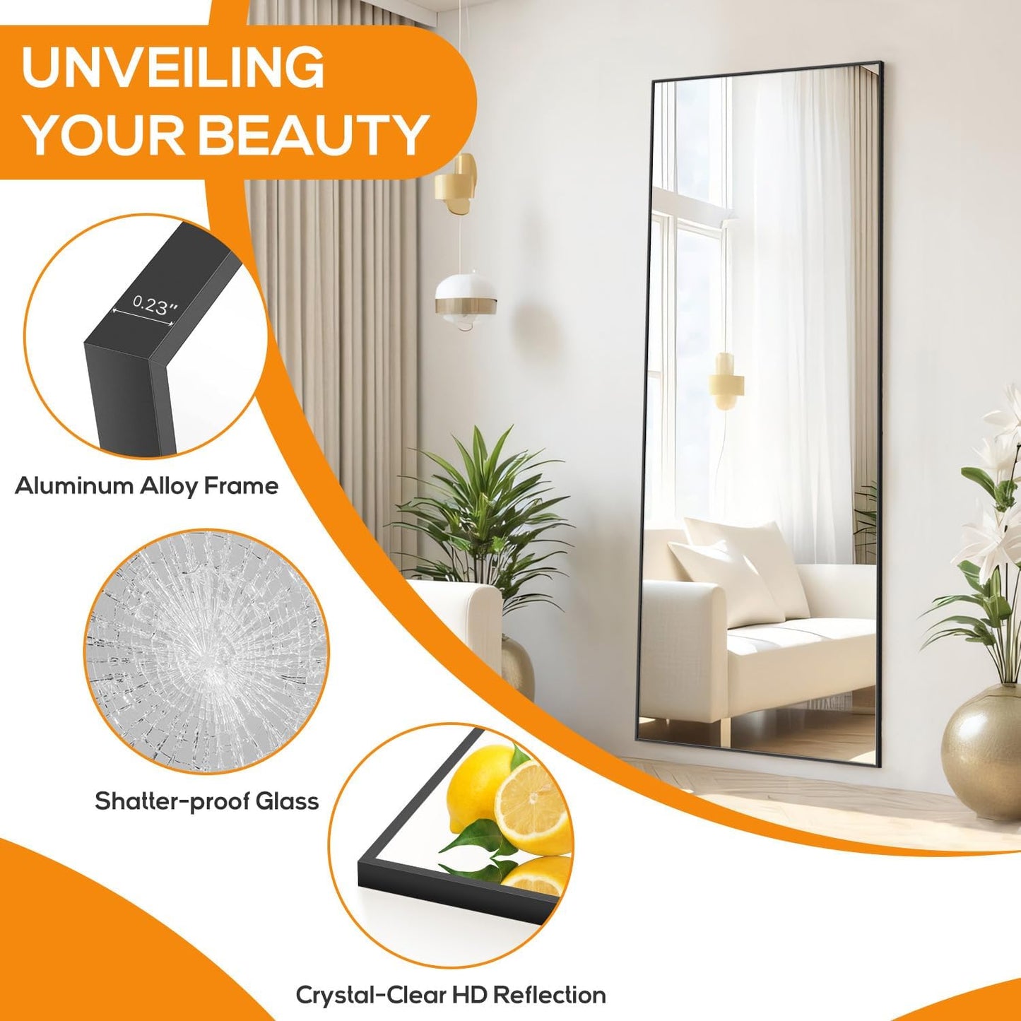 Mirror Full Length, Upgraded 16"x59" Body Wall Mirrors with Shatter-Proof Glass, Floor Standing, Hanging or Leaning, Tall Mirror with Stand Aluminum Alloy Frame for Bedroom Cloakroom