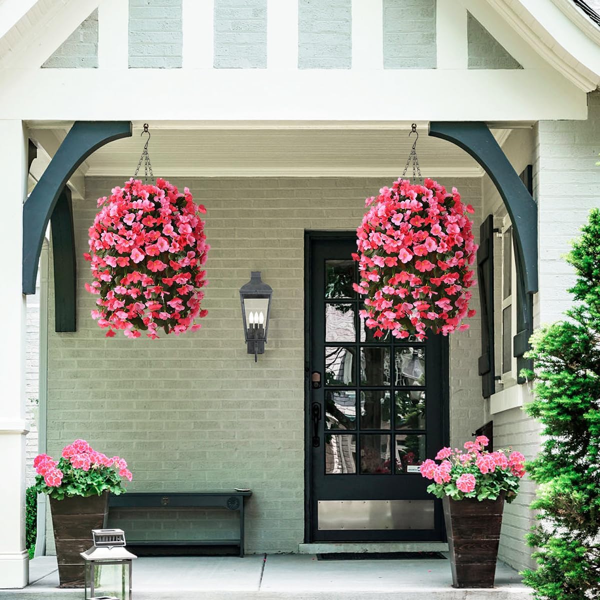 INQCMY Artificial Fake Hanging Plants Flowers Basket for Spring Summer Outdoor Outside Decoration,Faux Silk Begonia Flower in Planter Look Real UV Resistant for Home Porch Patio Balcony Yard Decor
