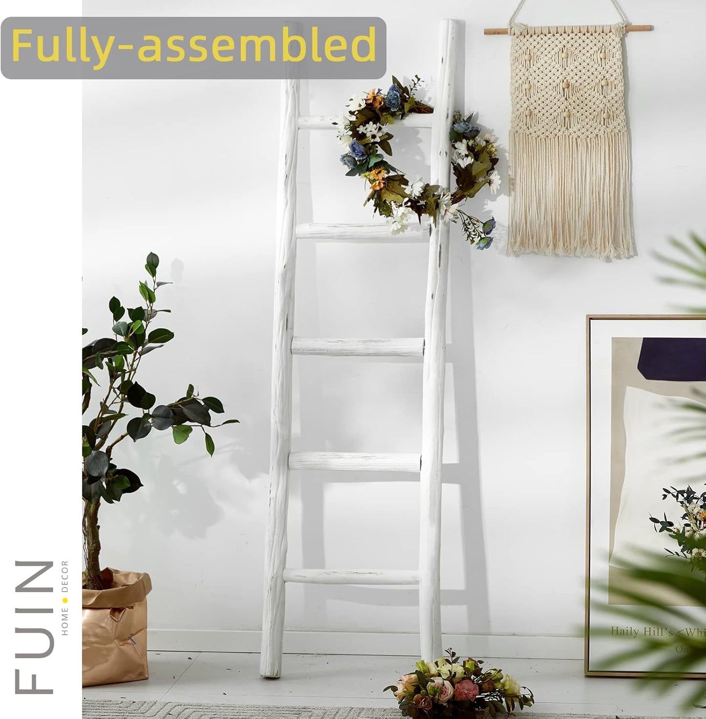 FUIN 57in Wood Blanket Ladder Living Room Decorative Wall Leaning Farmhouse Quilt Display Holder Rustic Wooden Towel Rack for Bathroom, Brown