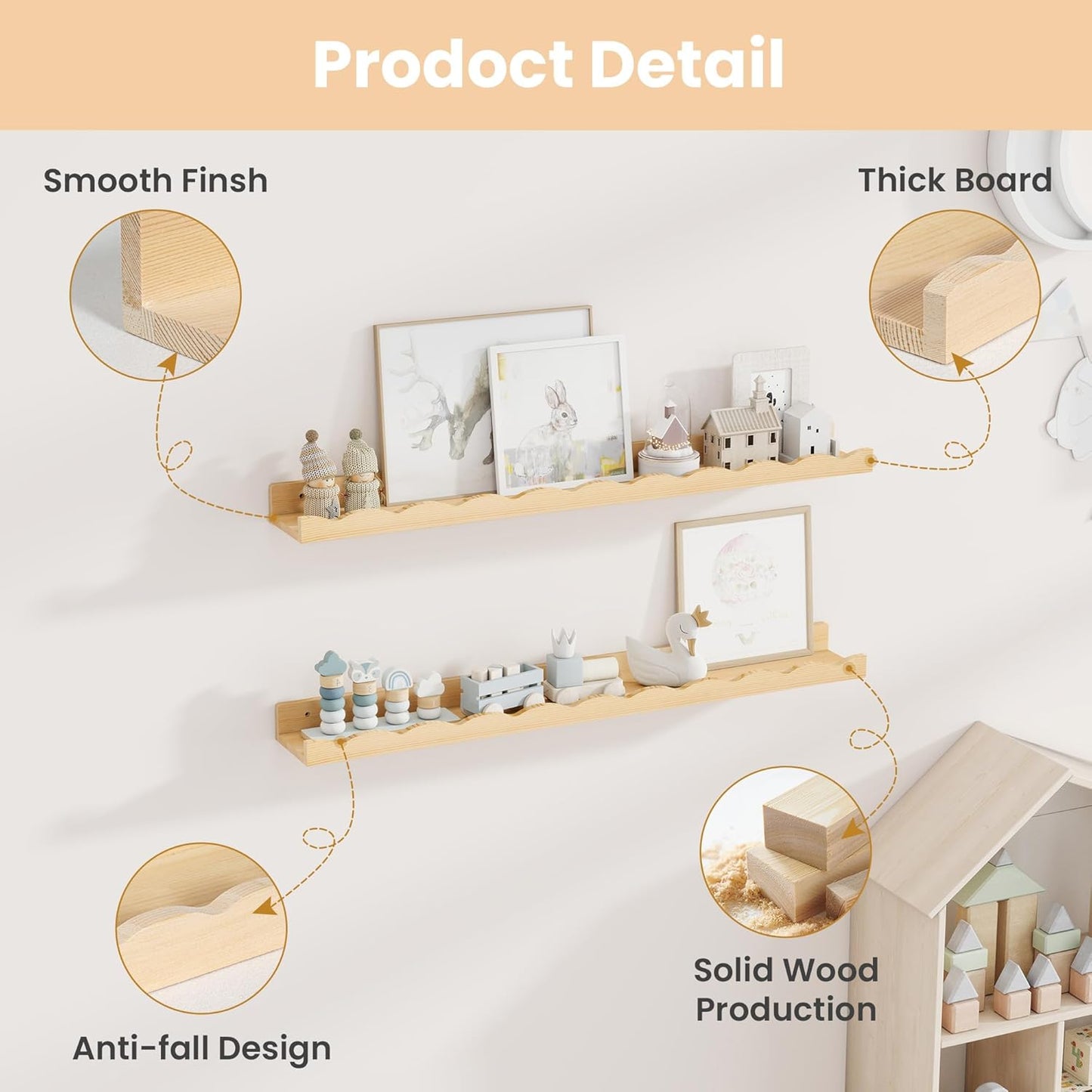 Fun Memories Picture Ledge Shelf for Wall, 24 inch Pine Wood Nursery Book Shelves Set of 2- Wall Book Shelves for Kids Room, Home Decor - Kitchen Spice-White