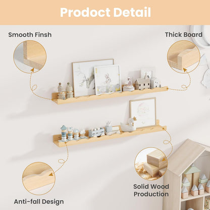 Fun Memories Picture Ledge Shelf for Wall, 24 inch Pine Wood Nursery Book Shelves Set of 2- Wall Book Shelves for Kids Room, Home Decor - Kitchen Spice-White