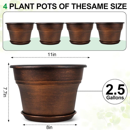 Fodetyff 10 Inch Planters Plant Pots Indoor Outdoor, 4 Pack Plastic Flower Pot for Indoor Plants with Drainage Holes & Trays, Resin Decorative Container Sets with Saucer for House Garden Copper