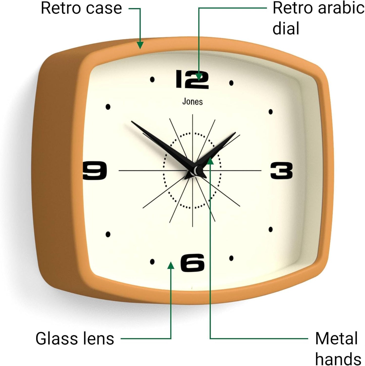 JONES CLOCKS® Movie wall Clock | Retro Rectangular Clock | 10 inch | Orange | Cool mid-Century Designer Look for Kitchen, Living Room or Office