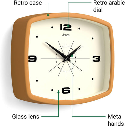 JONES CLOCKS® Movie wall Clock | Retro Rectangular Clock | 10 inch | Orange | Cool mid-Century Designer Look for Kitchen, Living Room or Office