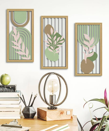 Putuo Decor Boho Abstract Wall Art, Set of 3, Modern Botanical Wooden Wall Decor, Blue Mid-Century Minimalist Framed Artwork for Living Room Bedroom, Office