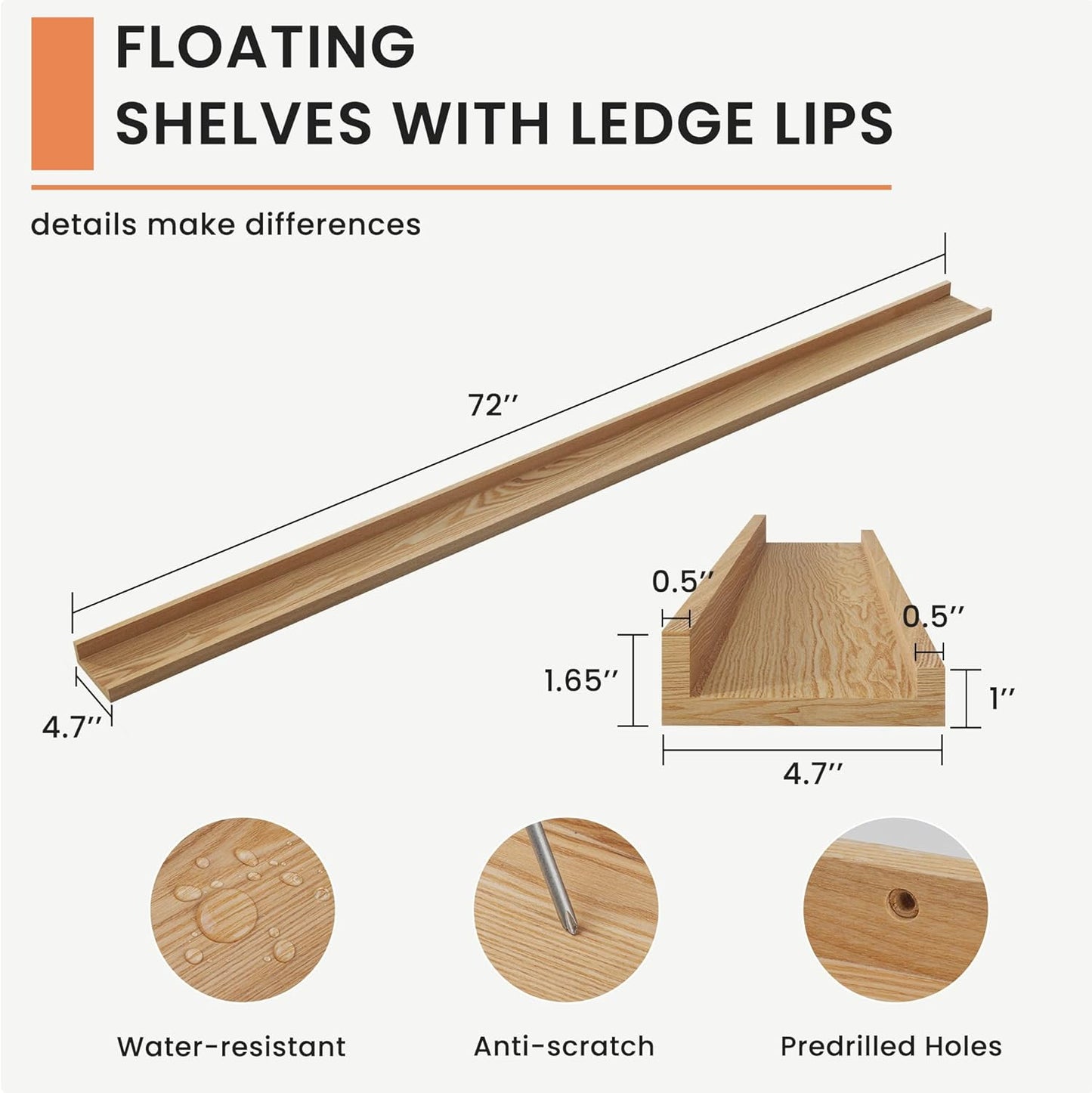 FLYJOE Picture Ledge Shelf, Floating Shelves Set of 2, Solid Pine Wood 55'' Long Large Nursery Book Shelves for Toys Storage, Kids Bookshelf for Living Room Bedroom Decor Books Photo Frames, Walnut