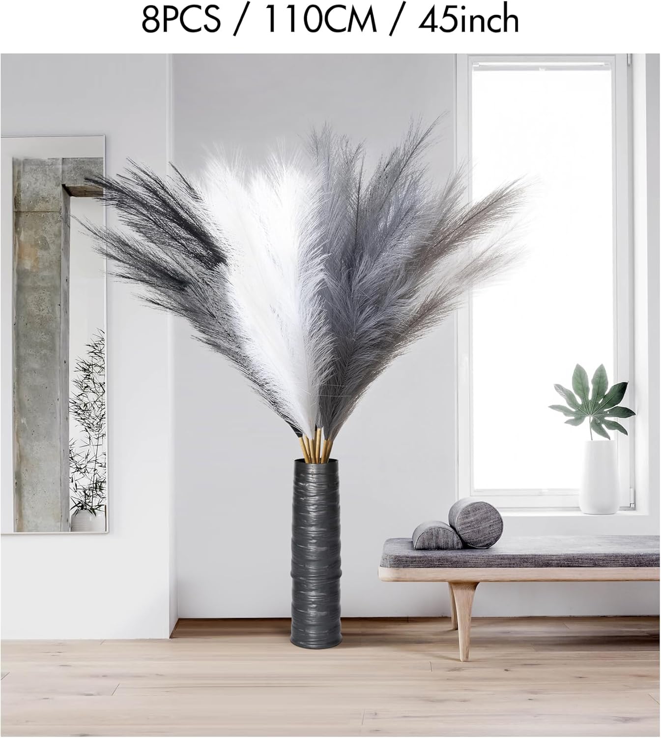 SeptCat 9 Pcs 45" Faux Dried Pampas Grass Tall Decor, Fluffy Fake Long Pompas Artificial Black Grey Gray Pompous Stems Bouquet Flower Arrangement Vase Filler for Boho Home Wedding Decoration