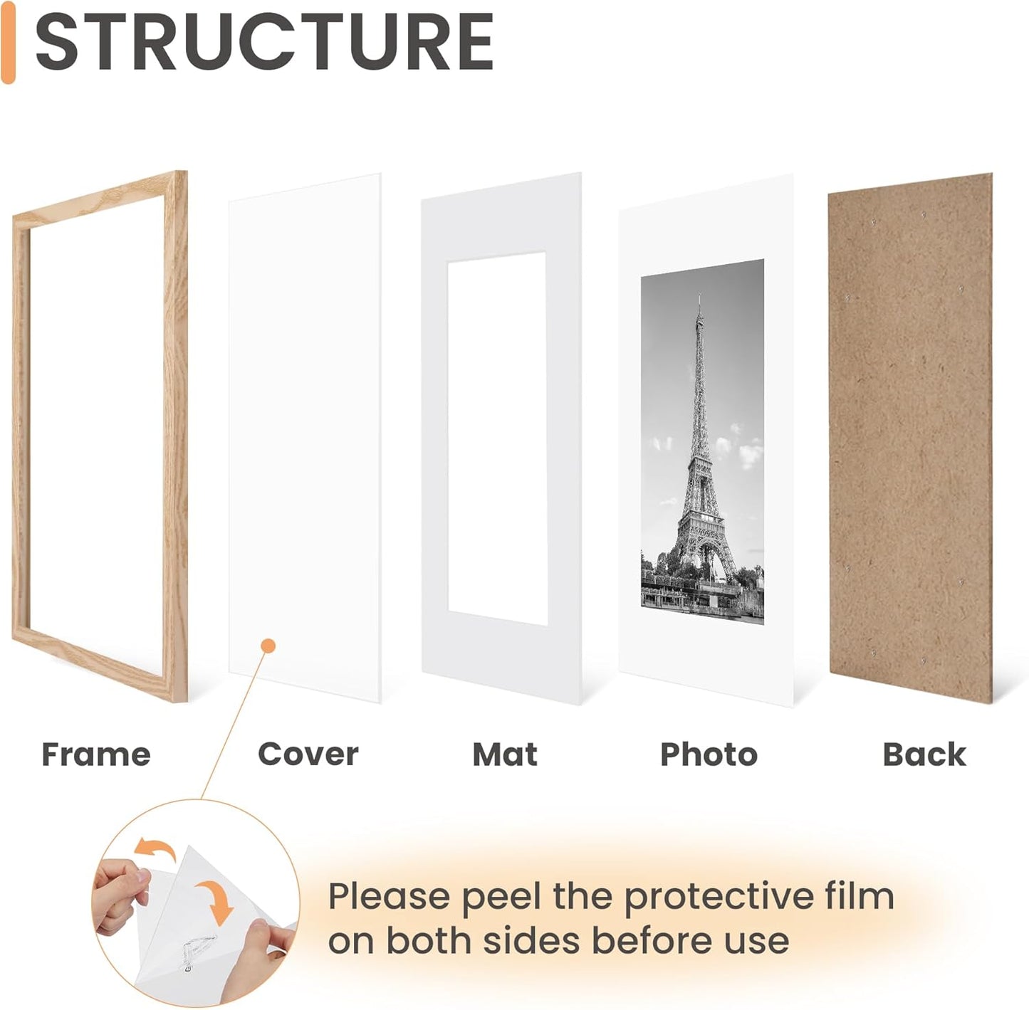 upsimples 11x14 Picture Frame Set of 5, Display Pictures 8x10 with Mat or 11x14 Without Mat, Wall Gallery Photo Frames, Black