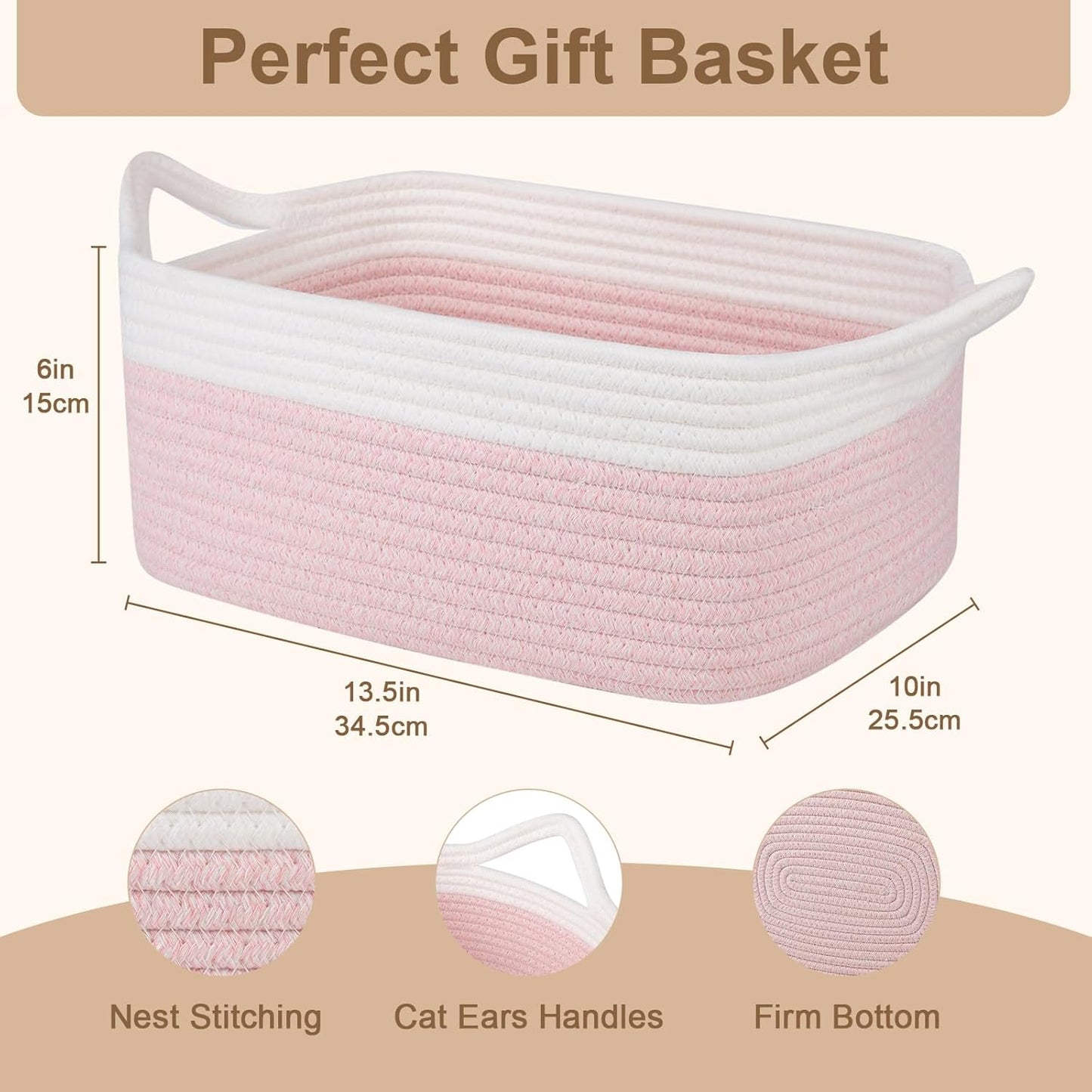 OIAHOMY Woven Basket, Gift Basket Empty with Gift Bags and Ribbons, Rope Baskets for Baby Showers, Storage Baskets with Handles for Nursery, Pet Toy Organizer - White