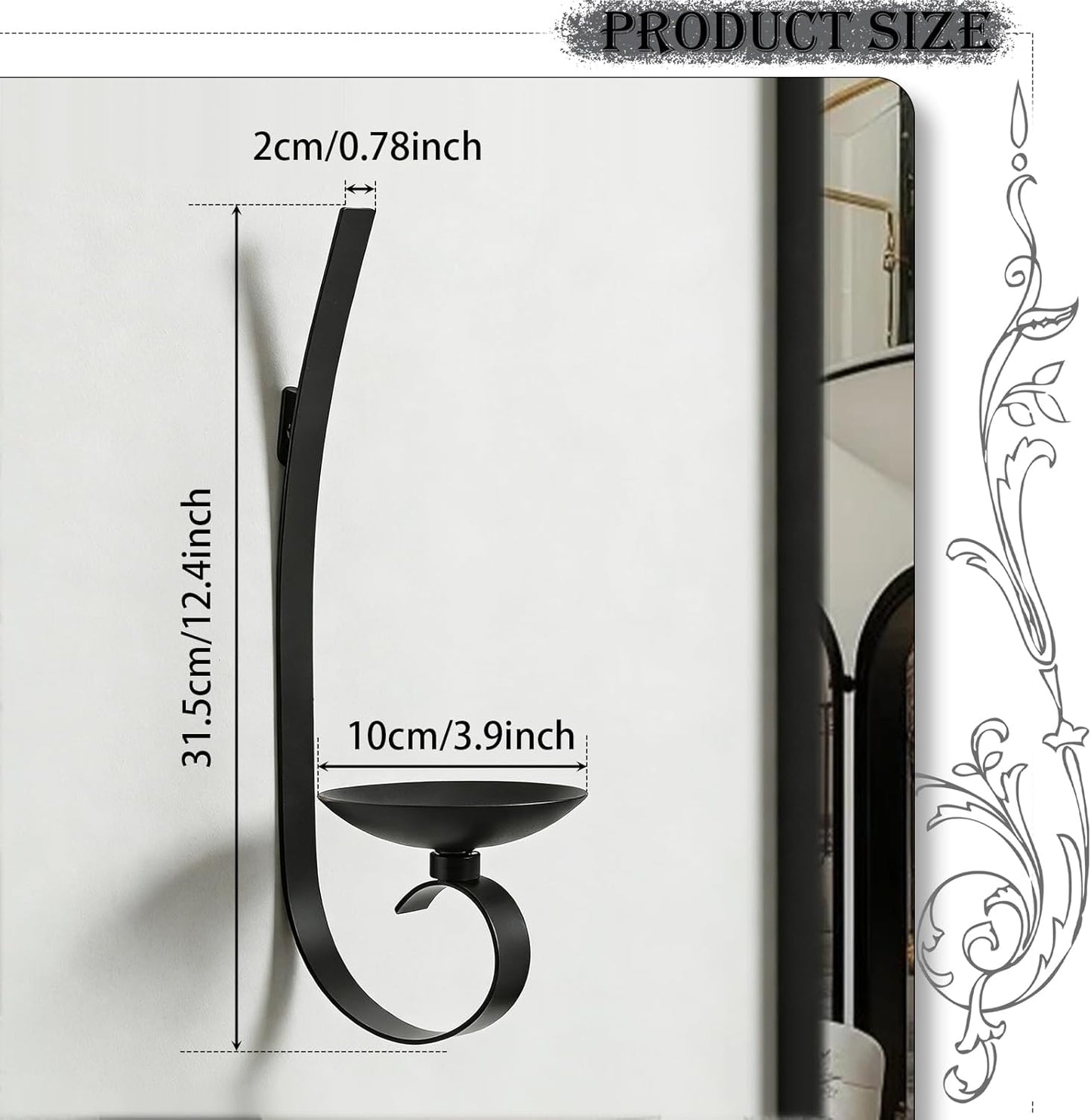 Set of 2 Black Wrought Iron Wall Mount Candle Sconces - Farmhouse Style Hanging Candle Holders for Living Room, Bathroom, Dining Room, and Window Decor (2, Black-B Style)