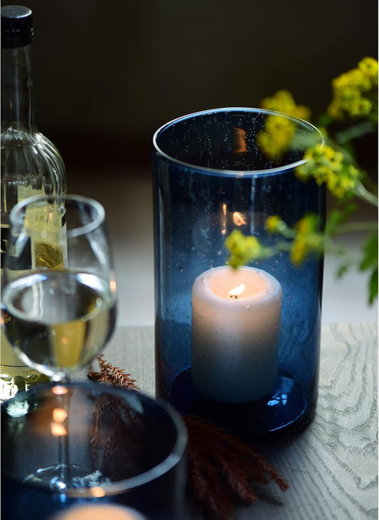 Hurricane Candle Holders for Pillar Hand Blown Glass Cylinder Vases Table Centerpiece Bulk Room Decor Clear Seeded Bubbles Living Dining Kitchen Island 10" 7" 4" Set of 3