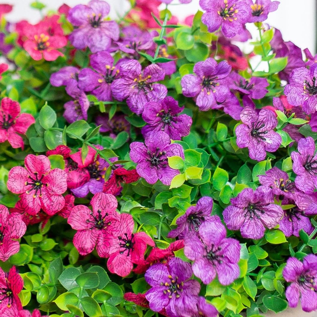 HyeFlora Artificial Flowers for Outdoor Indoor Garden Home Decoration, Faux Flower Daisy with Eucalyptus Leaves Fake Plants Greenery Boxwood Porch Patio, 12 Bundles (Mix Pink Red Purple Yellow)