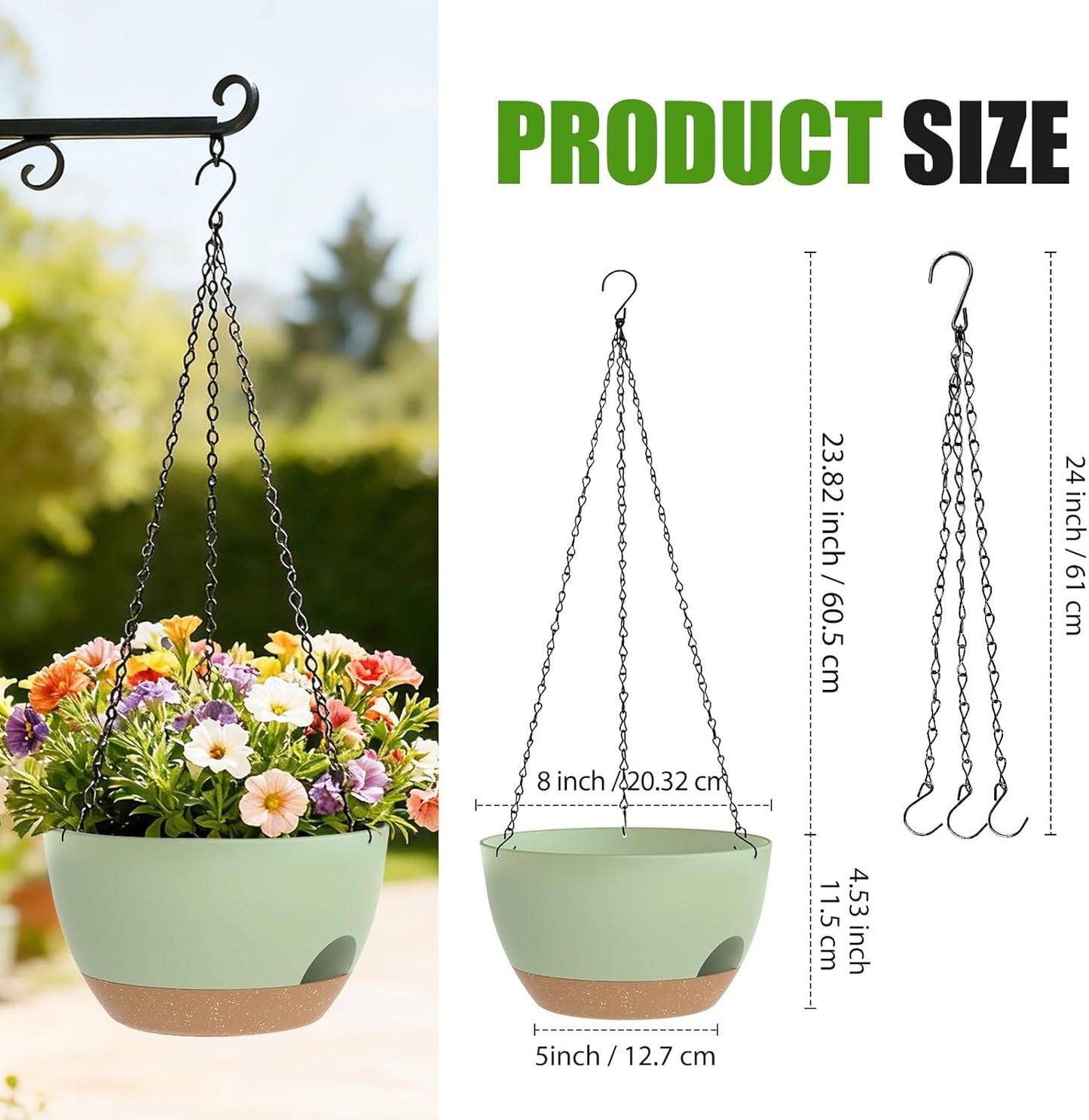 8 Inch Hanging Planters for Indoor Outdoor Plants, 4 Pack Black Plastic Self Watering Hanging Baskets with Drainage Holes and Chain for Garden Porch