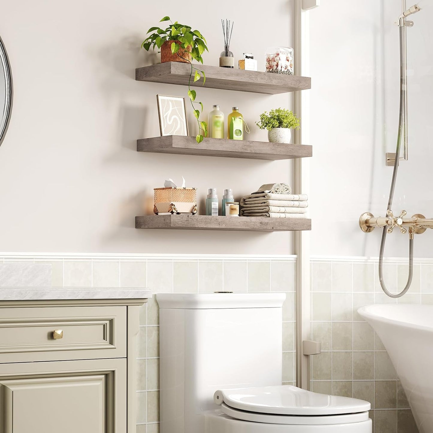 RALGEND Floating Shelves for Wall, 1.5" Thick Wall Shelf Set of 3 with Invisible Brackets, L31.5 x W7.9 Hanging Shelves Farmhouse Home Decor for Bathroom, Living Room, Bedroom, Rustic Brown 8301BJP3BF