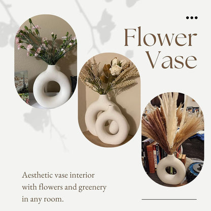 White Ceramic Donut Vase Set of 2, Hollow Matte Pampas Flower Vases for Boho Home Wedding Party Room Dinner Table Shelf Decor.（White）