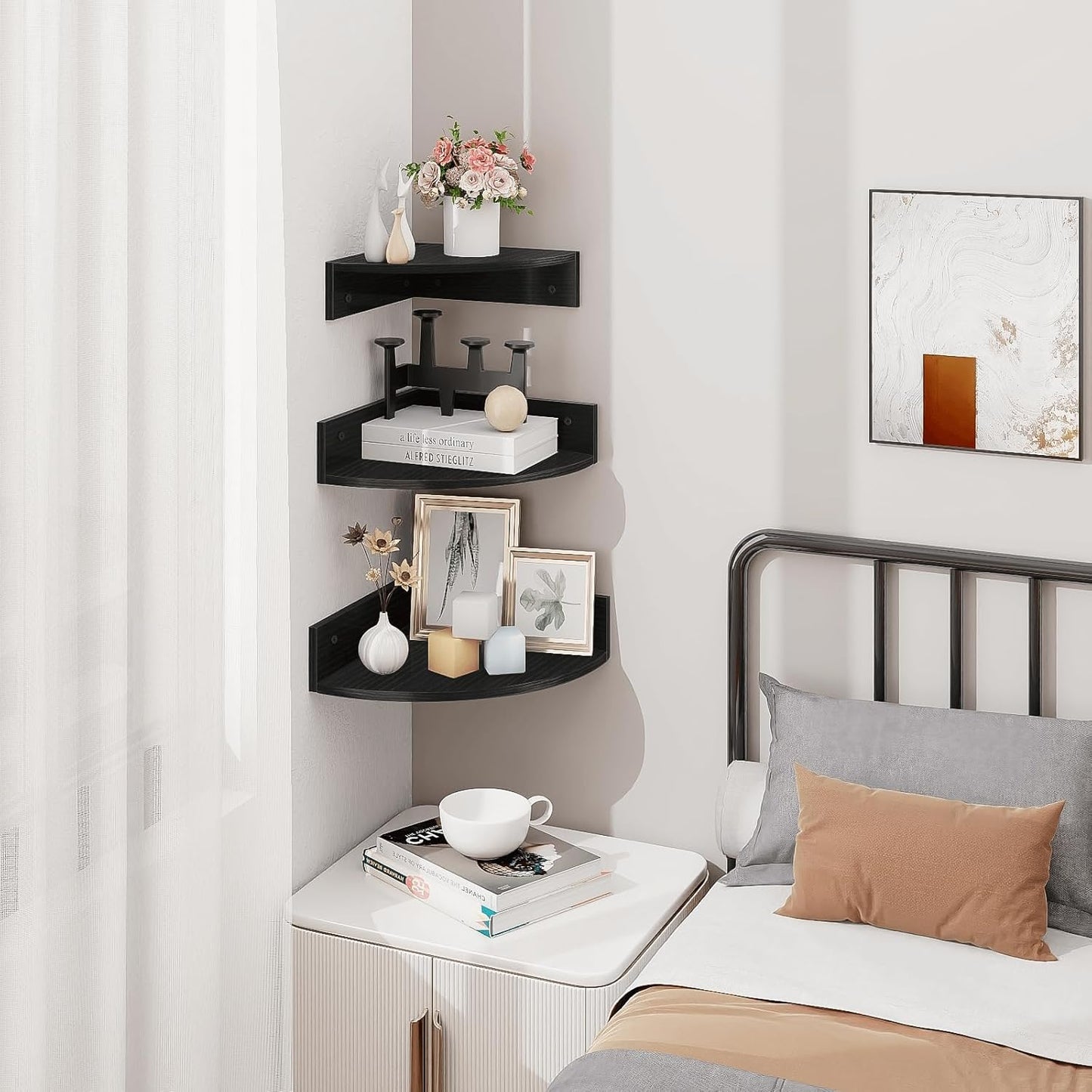 Homode Corner Shelf Wall Mount, Set of 3 Floating Corner Shelves with Cord Hole, 3 Tier Wood Wall Display Shelf, Storage for Bathroom Living Room Kitchen Bedroom, Rustic Brown and Black