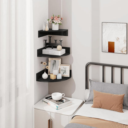Homode Corner Shelf Wall Mount, Set of 3 Floating Corner Shelves with Cord Hole, 3 Tier Wood Wall Display Shelf, Storage for Bathroom Living Room Kitchen Bedroom, Rustic Brown and Black