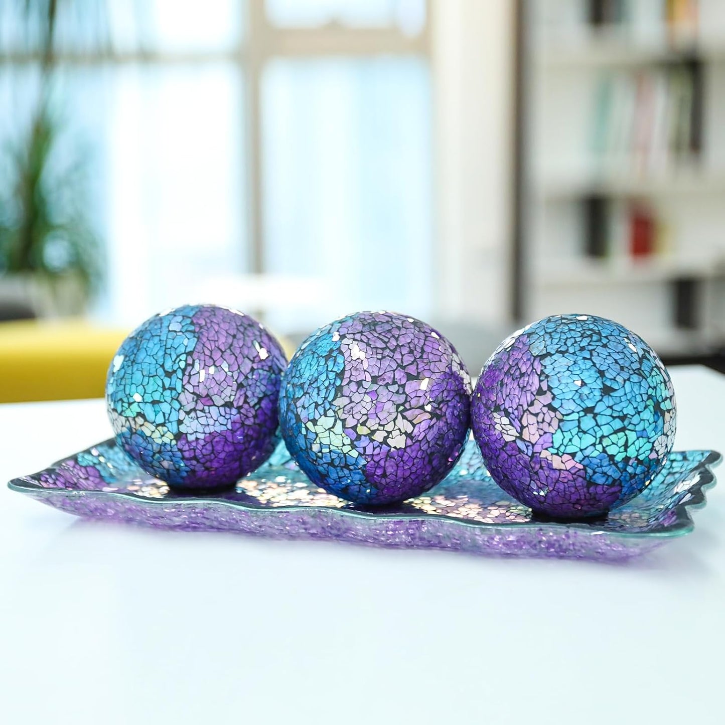 VCUTEKA Decorative Balls and Glass Bowl, 4 Inch Mosaic Sphere Balls Centerpiece Balls for Coffee Table, Home Decor, Wedding Party Decor, Green